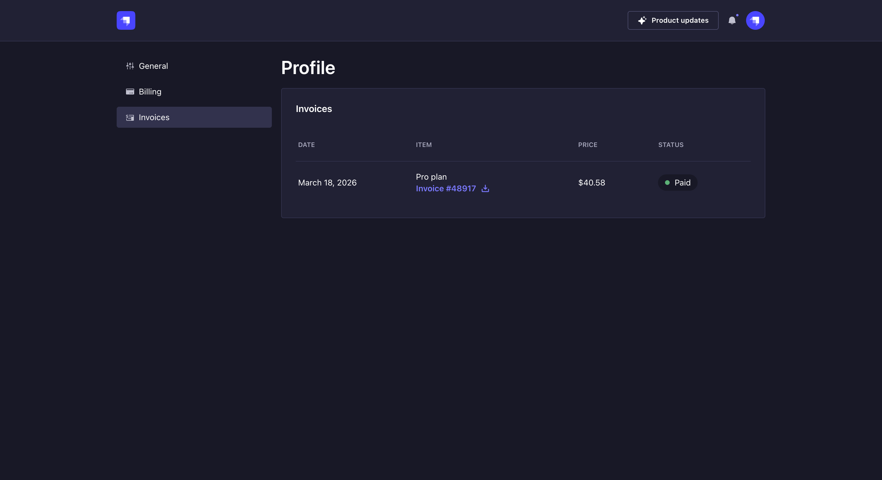 Invoices tab of Profile page